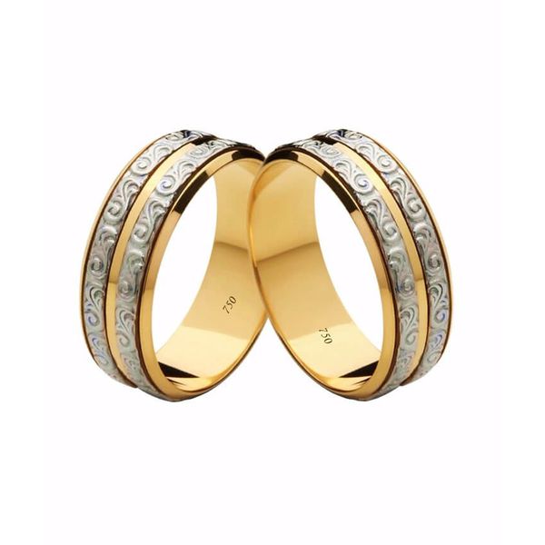Par de Alianças Casamento Modelo Trabalhado Ouro 18k/750 7.00mm Reta Polida Com Ródio - 10083