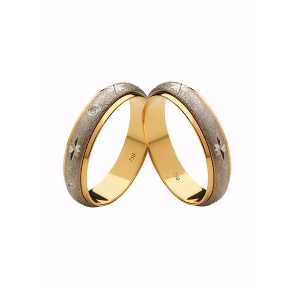 Par de Alianças Casamento Modelo Diamantado Ouro 18k/750 5.00mm Abaulada Fosca Com Ródio E 5 Pedras - 10088