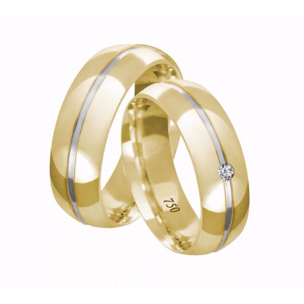 Par de Alianças Casamento Modelo Trabalhado Ouro 18k/750 6.60mm Abaulada Trabalhada Polida Com Ródio Anatômica/Confort Com Pedra - 10094