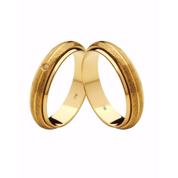 Par de Alianças Casamento Modelo Trabalhado Ouro 18k/750 5.00mm Abaulada Fosca/Polida Com Pedra - 10106