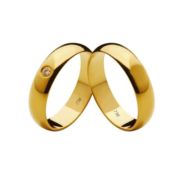 Par de Alianças Casamento Modelo Tradicional Ouro 18k/750 5.00mm Abaulada Polida Com Pedra - 10118