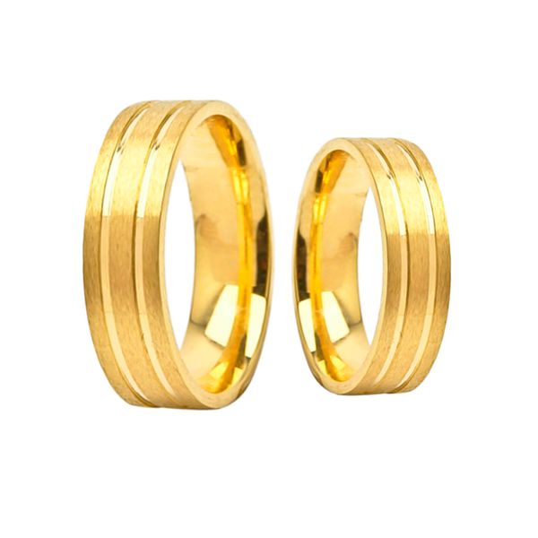 Par de Alianças Casamento Modelo Trabalhado Ouro 18k/750 6.00mm Reta Anatômica/Confort Fosca 2 Frisos - 10122