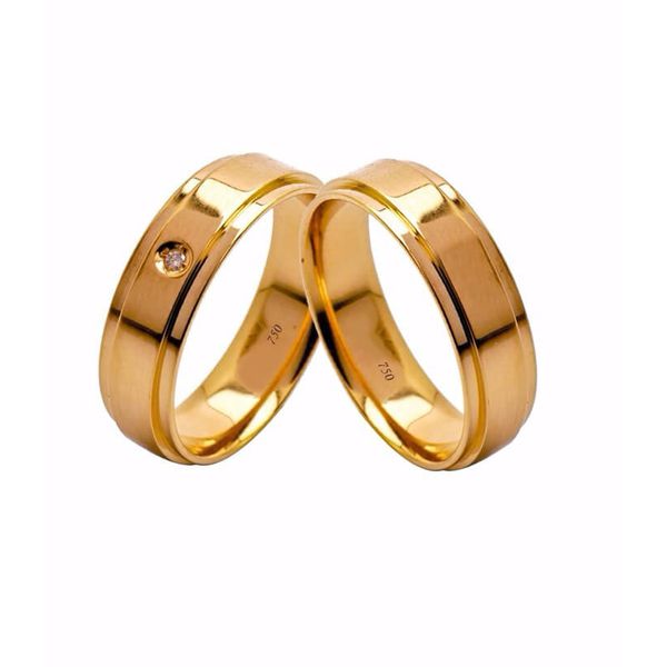 Par de Alianças Casamento Modelo Trabalhado Ouro 18k/750 6.00mm Reta Polida Anatômica/Confort Com Pedra - 10136