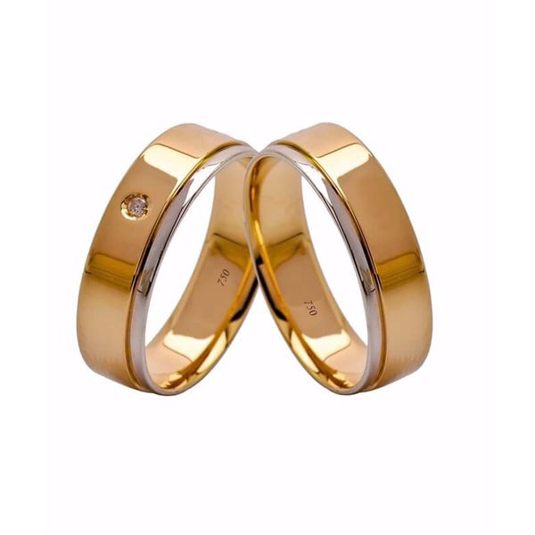 Par de Alianças Casamento Modelo Trabalhado Ouro 18k/750 6.00mm Reta Anatômica/Confort Polida Com Ródio Com Pedra - 10140