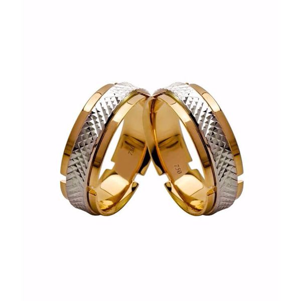 Par de Alianças Casamento Modelo Trabalhado Ouro 18k/750 6.80mm Reta Polida Anatômica/Confort Com Ródio - 10142