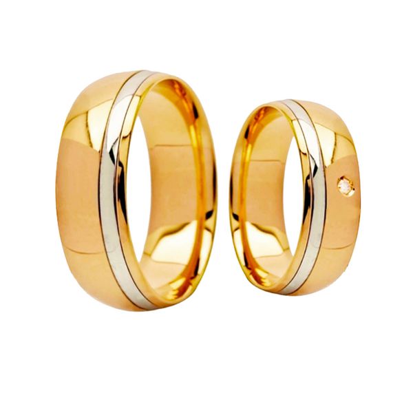 Par de Alianças Casamento Modelo Trabalhado Ouro 18k/750 6.70mm Abaulada Polida Com Ródio Semi Anatômica/Semi Confort Com Pedra - 10145