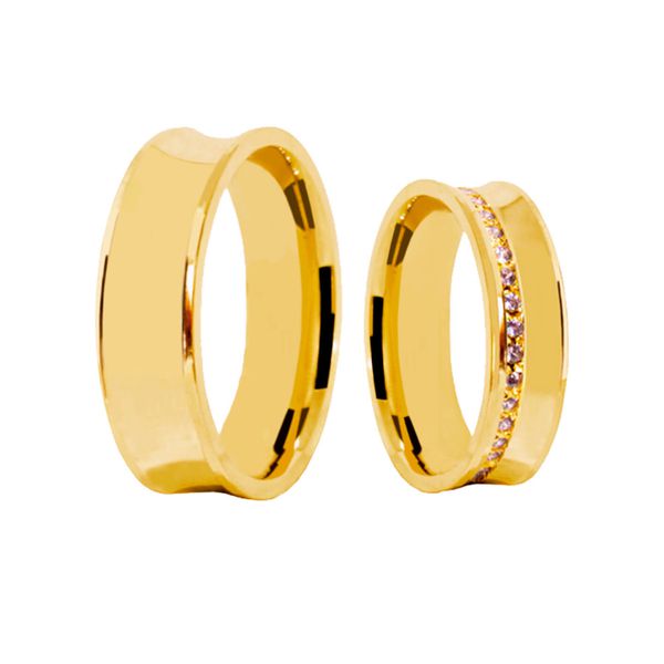 Par de Alianças Casamento Modelo Trabalhado Ouro 18k/750 6.00mm Côncava Anatômica/Confort Polida Com Pedras - 10166