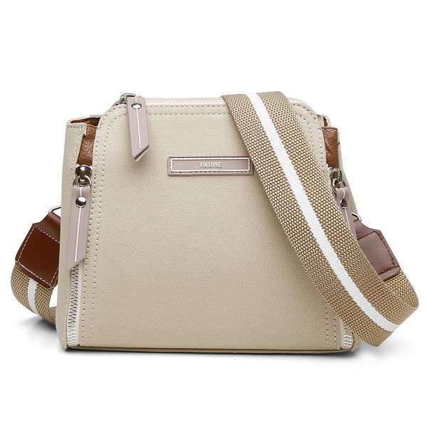 Bolsa 3 Ziper Lona Alça Ajustável Removível Cor Bege