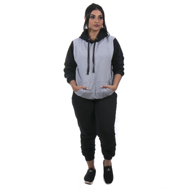 Conjunto Feminino Calça Preta e Moletom Cor Cinza e Preto