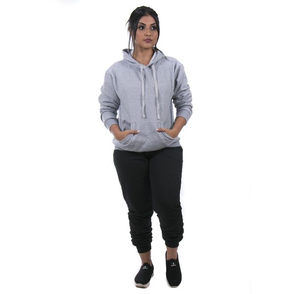 Conjunto Moletom Feminino Calça Preta e Blusa De Moletom Cor Cinza