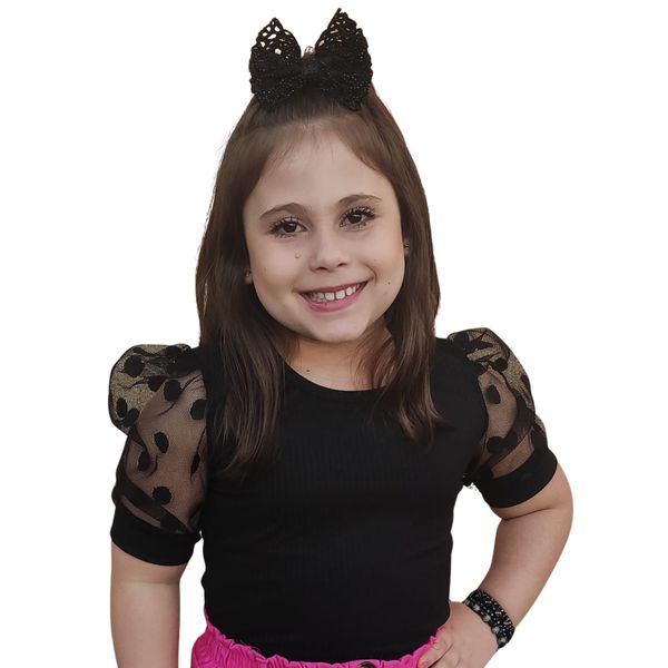 Blusa Manga Curta Tule Preta