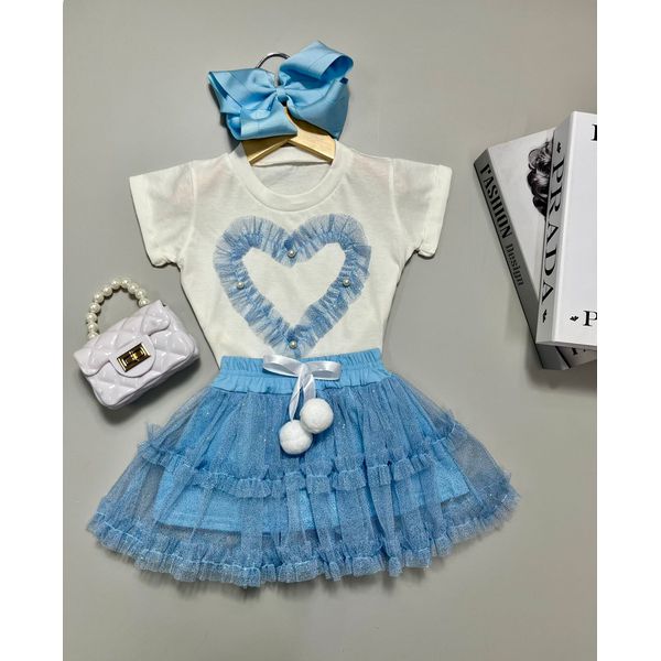 Conjunto Tule Coração Azul