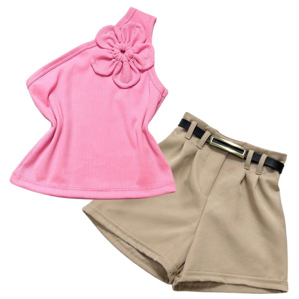 Conjunto Blusa Flor Rosa + Short Bege Bela 