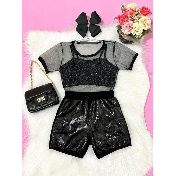 Conjunto Blusa Tule Com Glitter + Top e Short Paetê Bianca 