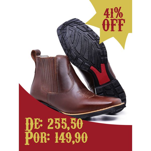 Botina Baladeiros Texana Country Masculina Couro Tabaco Com Bege