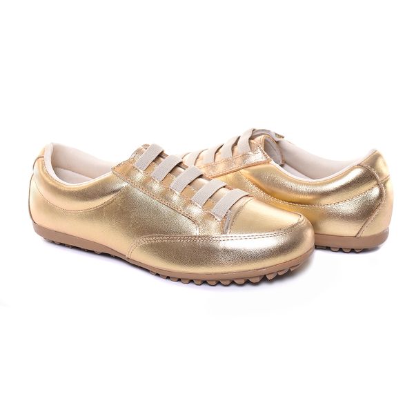 Sapatênis Feminino em Couro Legítimo de Elástico Cor Dourado Mod