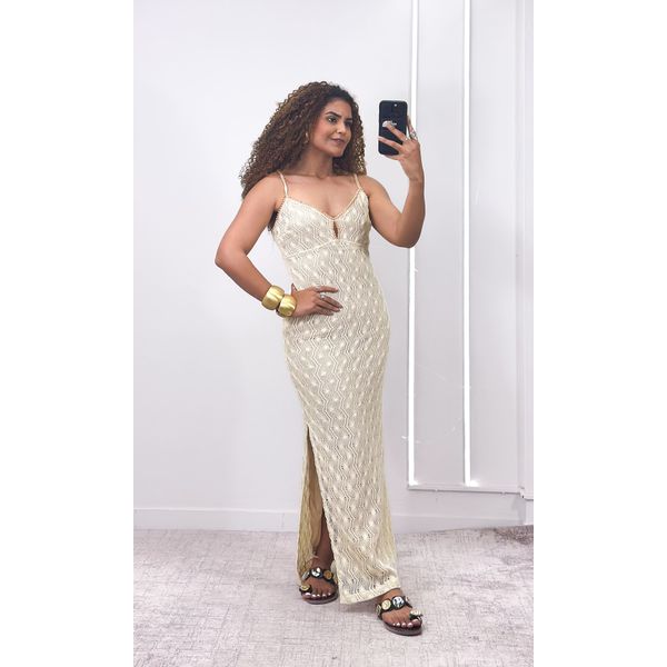 Vestido Crochê Decote Pedras Selena Bege Jack Modas, Moda