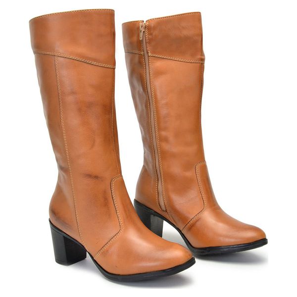 Bota Montaria Feminina Cano Alto Em Couro Caramelo 2001-03