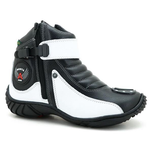Bota Motociclista Cano Curto Preta e Branca Em Couro 271