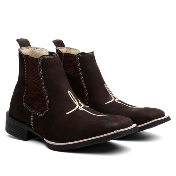 Botina Feminina Country Bico Quadrado Couro Legítimo Nobuck Café Bordado Fé