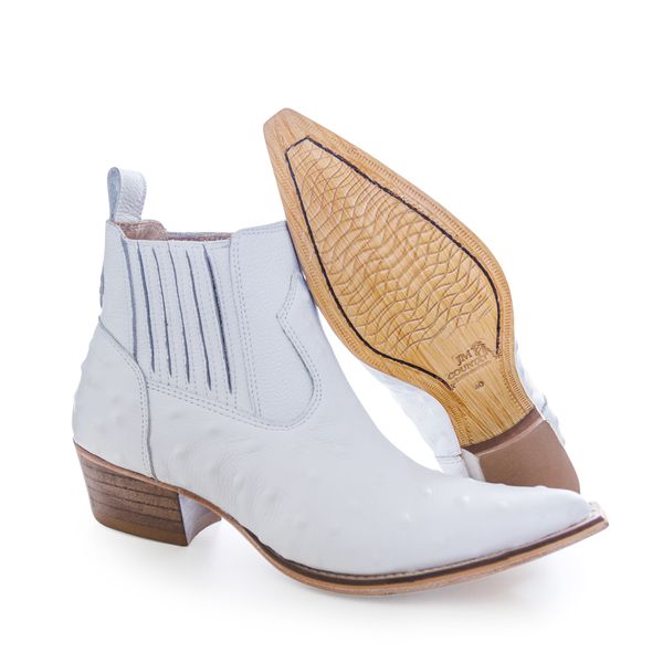 Botina Country Masculina Bico Fino Couro Bovino Legítimo Avestruz Branco