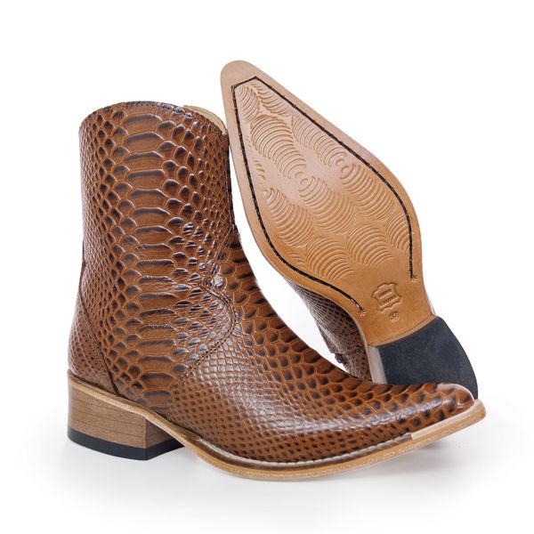 Botina Country Masculina Bico Fino Tradicional Couro Bovino Legítimo Anaconda Nescau com Zíper Vira Inteira