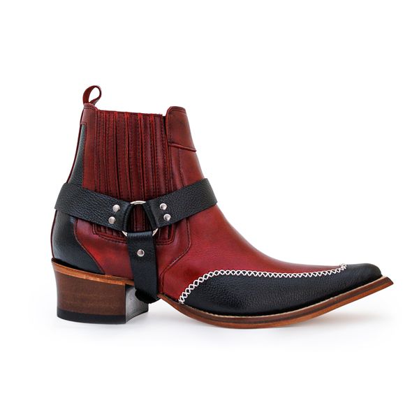 Botina Country Masculina Bico Fino Couro Mustang Vinho e Floater Preto Costurado Com Estrivo 