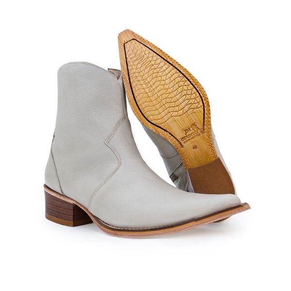 Botina Country Masculina Bico Fino Couro Bovino Legítimo Floater Off White com Zíper