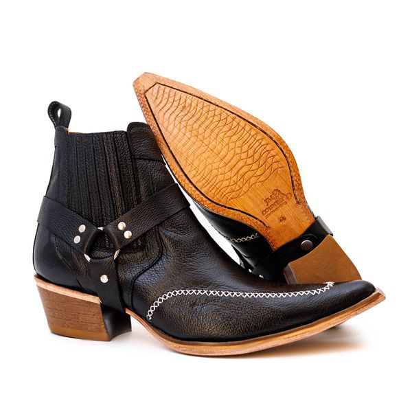 Botina Country Masculina Bico Fino Couro Bovino Legítimo Floater Preto Estrivo