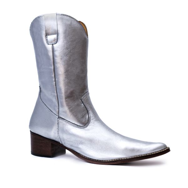 Bota Texana Feminina Cano Médio Couro Legítimo Prata