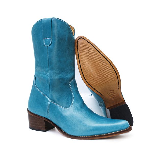 Bota Texana Feminina Cano Médio Couro Legítimo Azul Celeste