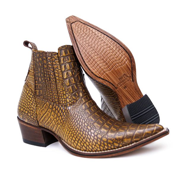Botina Country Masculina Bico Fino Couro Bovino Legítimo Dubai Jácaré Envelhecido Amarelo