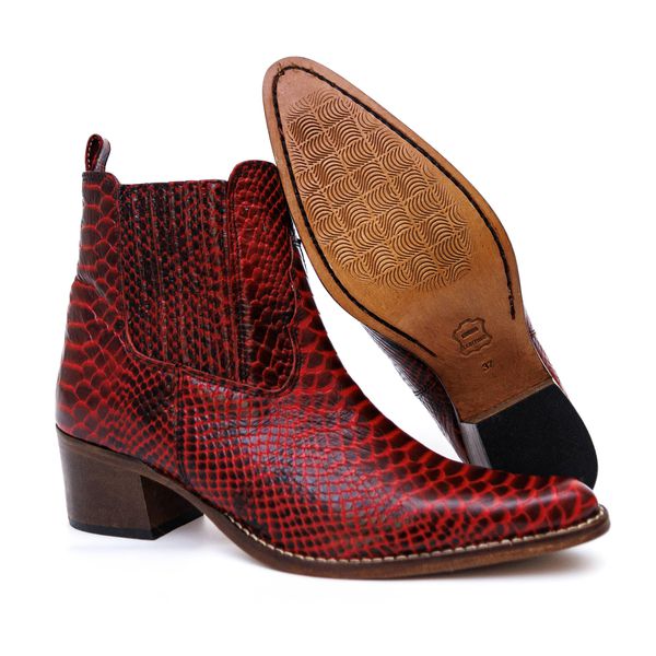 Bota Feminina Cano curto Couro Anaconda Vermelho