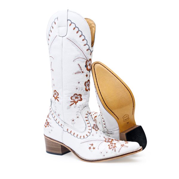 Bota Texana Feminina Couro Legítimo Floater Branco Bordado Floral 