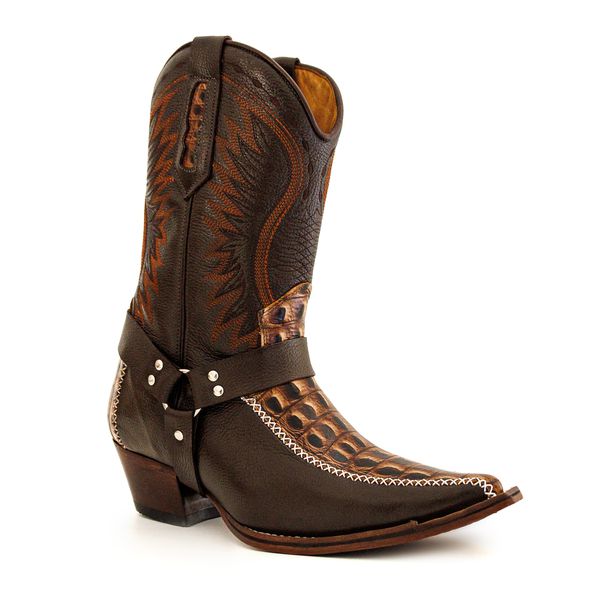 Bota Texana Masculina Bico Fino Couro Legítimo Dubai Chocolate e Floater Café Modelo Costura Com Estrivo