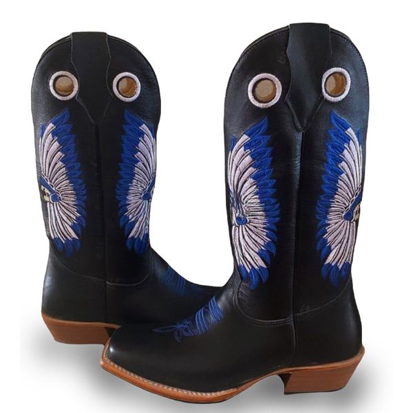 Bota Texana Masculina Couro Legítimo Bovino Látego Preto Bordado Cocar Azul Salto Carrapeta