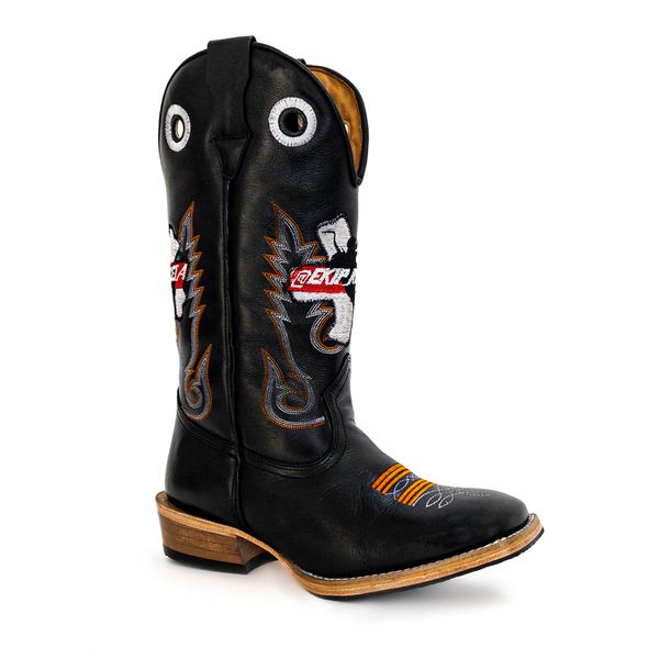 Bota Texana Masculina Couro Legítimo Látego Preto Bordado Ekipe Salto Carrapeta