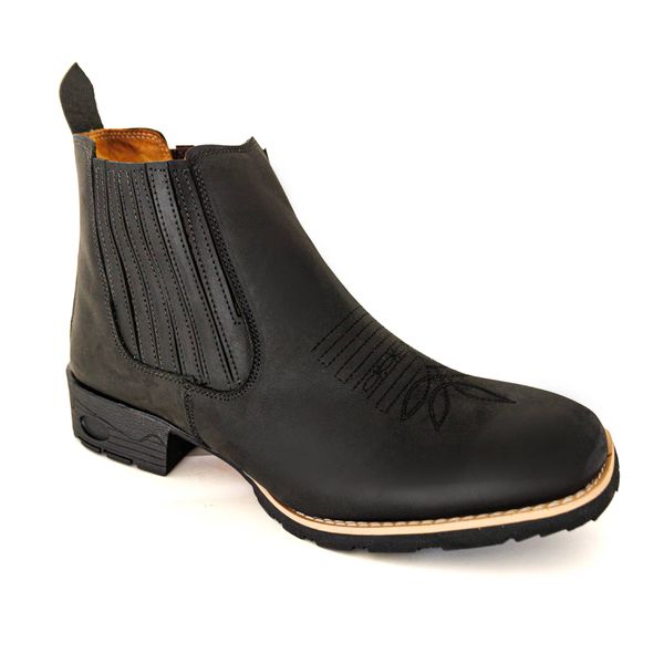 Botina Masculina Bico Quadrado Couro Legítimo Bovino Crazy Horse Preto Florão