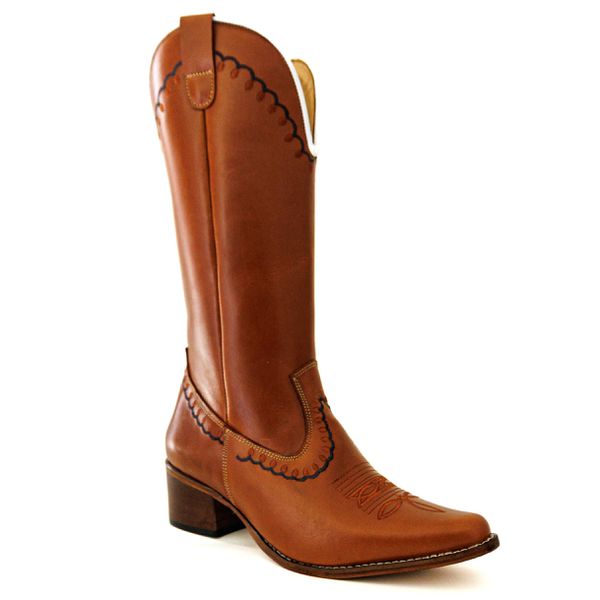 Bota Texana Feminina Country Couro Legítimo Bovino Látego Pinhão Bordado Correntinha