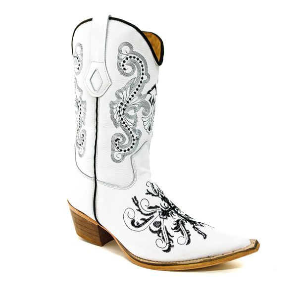 Bota Texana Masculina Bico Fino Couro Bovino Legítimo Floater Branco Bordado Cruz
