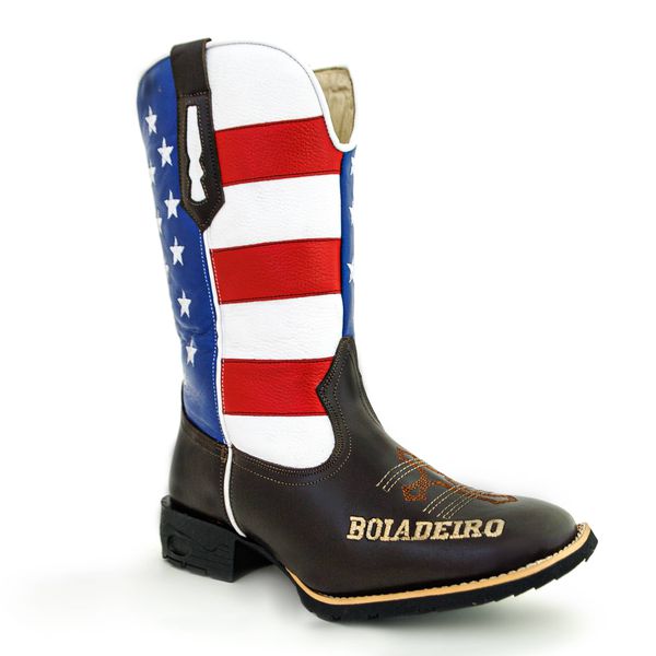 Bota Texana Masculina Cano Padrão Couro Bovino Legítimo Mustang Café e Cano EUA Solado Borracha