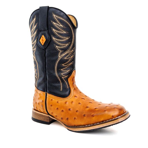 Bota Texana Masculina Cano Padrão Couro Bovino Legítimo Avestruz Laranja e Floater Preto Bordado Asa