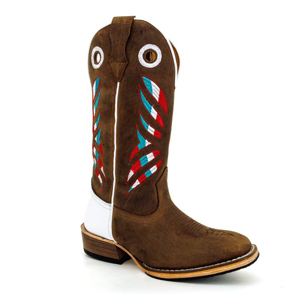 Bota Texana Masculina Bico Quadrado Couro Legítimo Nobuck Castor e Floater Branco Itália Solado Carrapeta