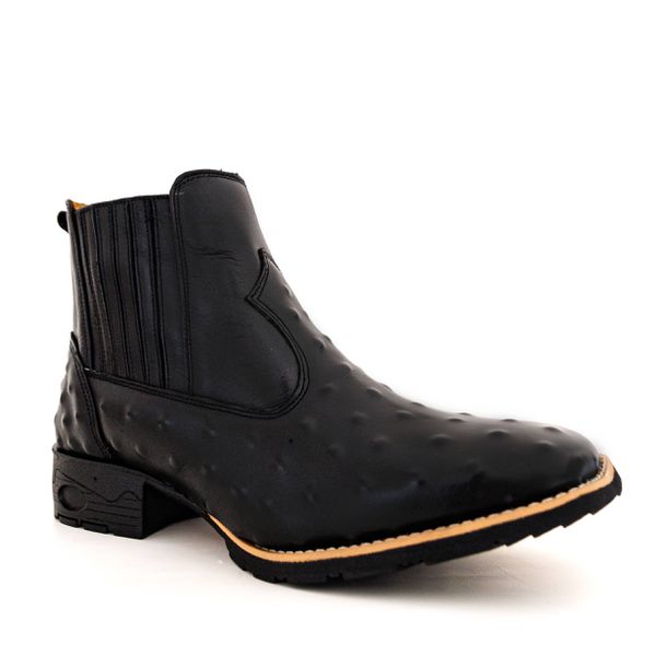 Botina Country Masculina Bico Quadrado Couro Legítimo Bovino Avestruz Preto Solado Borracha