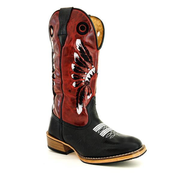 Bota Texana Masculina Couro Legítimo Bovino Tubarão Preto Fóssil Vinho Bordado Cocar Salto Carrapeta 
