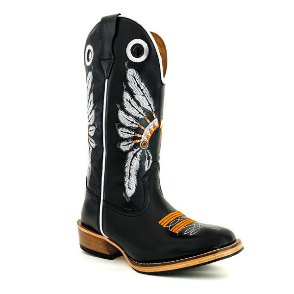 Bota Texana Masculina Couro Legítimo Bovino Látego Preto Bordado Cocar Salto Carrapeta 