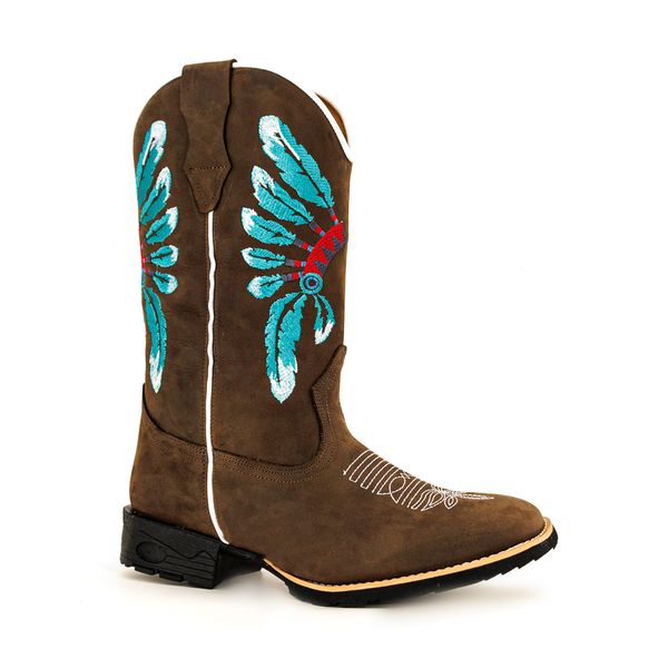 Bota Texana Masculina Cano Padrão Couro Bovino Legítimo Látego Mustang Café Bordado Cocar Solado Borracha