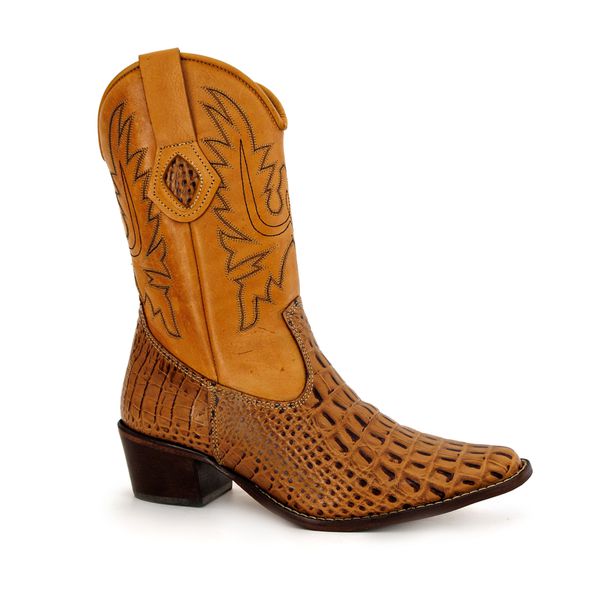 Bota Texana Feminina Cano Médio Couro Legítimo Dubai Whisky e Látego Pinhão