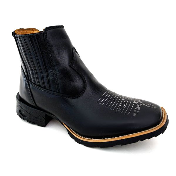 Botina Masculina Bico Quadrado Couro Bovino Legítimo Látego Preto Florão Branco 