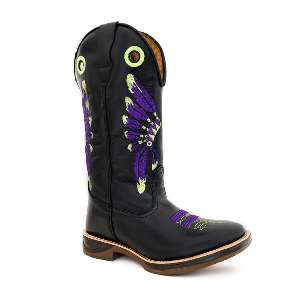 Bota Texana Masculina Couro Legítimo Látego Preto Bordado Cocar Solado Jump